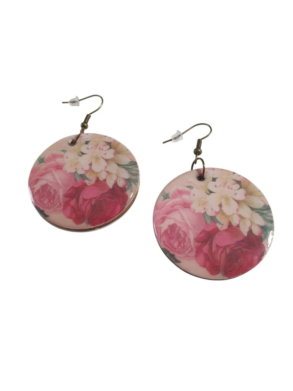 Floral Round Drop Earring Lightweight Pink Red White Flowers Handmade By Donovan